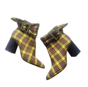 Betsey Johnson Yellow Millburn Plaid Ankle Boots with Buckle Straps